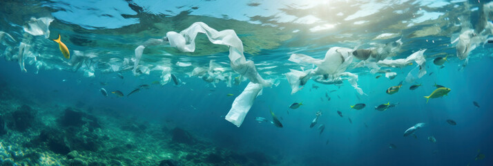 Fototapeta na wymiar Plastic bags polluting the oceans and endangering marine life.