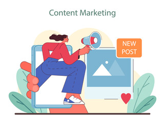 Content Marketing strategy. Illustrates dynamic content creation and distribution to engage a niche audience effectively. Emphasizes fresh material for digital platforms. Flat vector illustration.