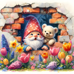 Cute gnome peeking out of a hole in a brick wall, spring flowers, cute bear,  kids watercolor digital illustration