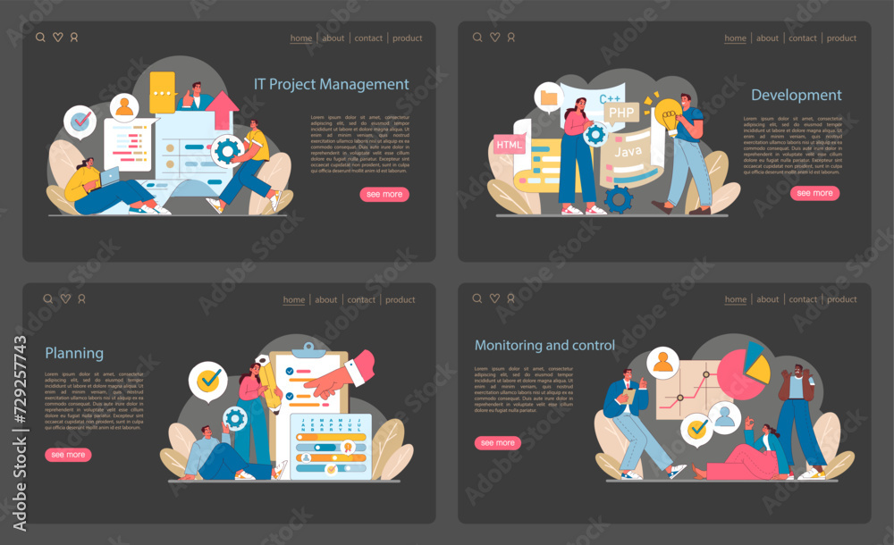 Poster comprehensive it project management set. from initial planning to development, and ongoing monitorin