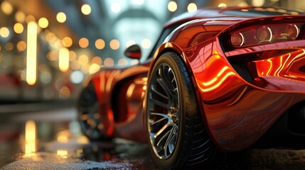 Futuristic red sports car with illuminated details and dynamic reflections at dusk. AI Generative - obrazy, fototapety, plakaty