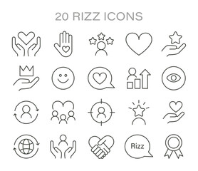 Rizz icon set. Minimalist line icons representing various aspects of social interaction and personal growth. Symbols of care, success, and vision. Vector illustration.