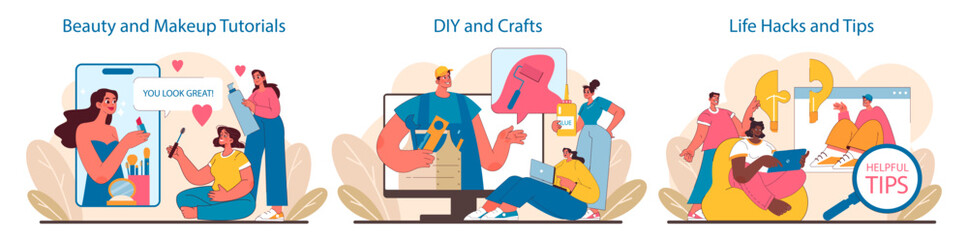 Fototapeta premium Social Media Content set. Inspiration for self-care, crafty projects, and everyday efficiency. Visual guides for enhancing daily life. Flat vector illustration.