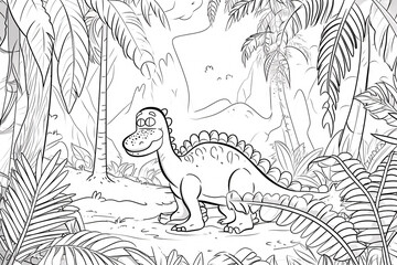 Nodosaurus Dinosaur Black White Linear Doodles Line Art Coloring Page, Kids Coloring Book