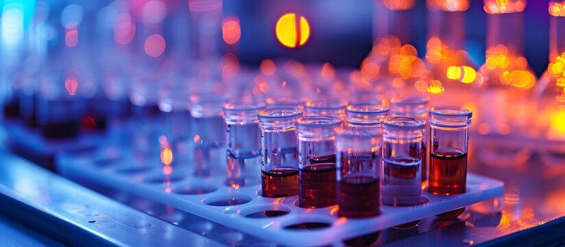 Close-up of a hotplate with a variety of test tubes filled with DNA samples for PCR.