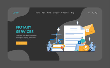 Notary Services night or dark mode web or landing page. Authenticating documents with official notarization. Legal integrity for secure transactions and agreements. Flat vector illustration.