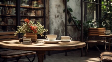 Paper coffee cup mockup in a tranquil cafe scene Generative AI