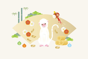 和風　縁起物　グラフィック素材　申年　年賀状デザイン　紅白梅・内手の小槌・松竹梅・米俵・小判・白い子猿