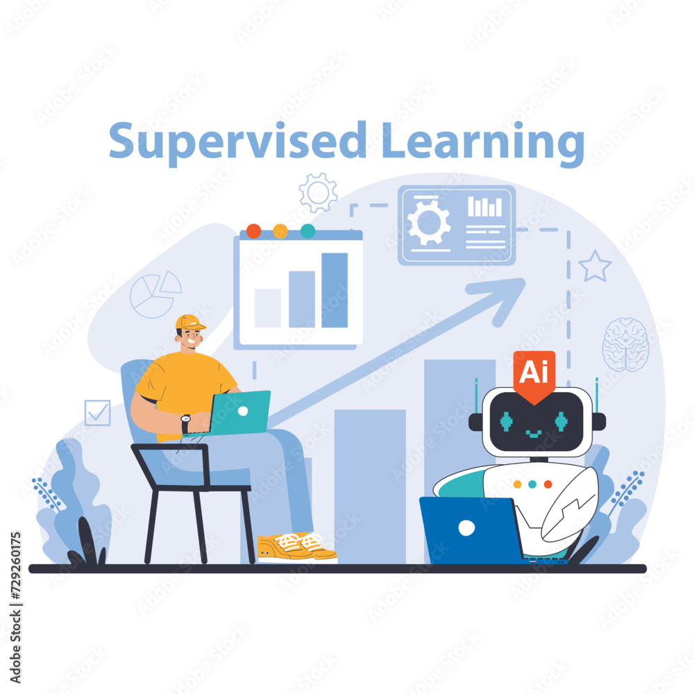 Poster ai model concept. insightful illustration of supervised learning with analytics and feedback mechani