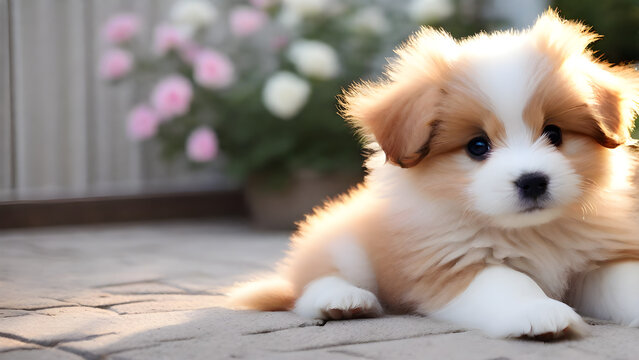 This is an image of a cute baby puppy with fluffy fur. generative AI