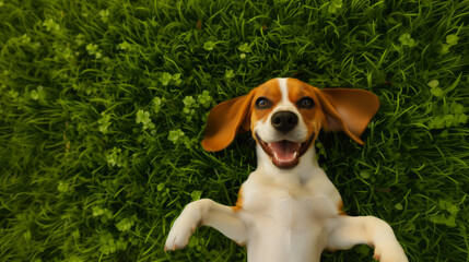 Top down view of a happy beagle dog lying on the back in the grass - Powered by Adobe
