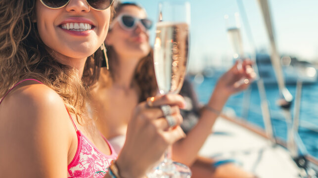 Mulher usando óculos de sol e bebendo champanhe em um iate usando 
