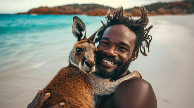 Australian aboriginal man hugging Kangaroo.