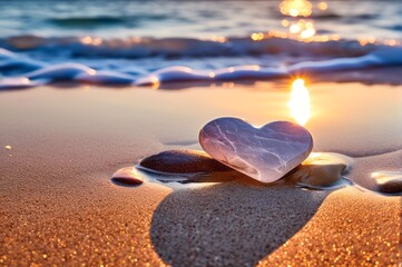 heart shaped marble on the beach with a beautiful sunset