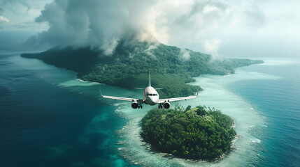 Plane under tropical island. 