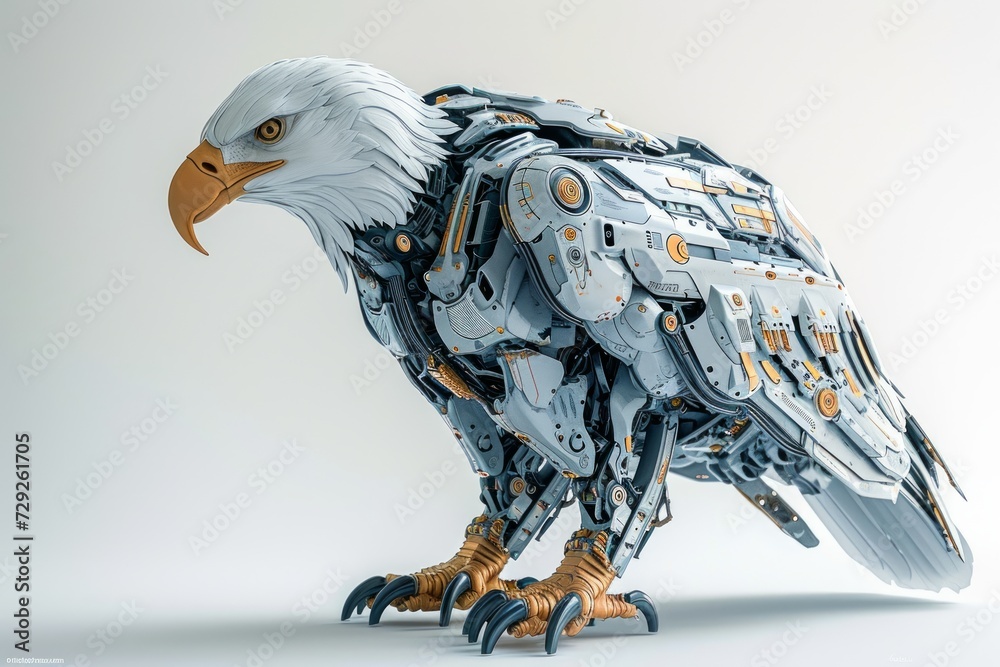 Poster Photo concept of a cybernetically enhanced bald eagle with robotic parts and technological augmentations, showcased against a clean white setting Generative AI