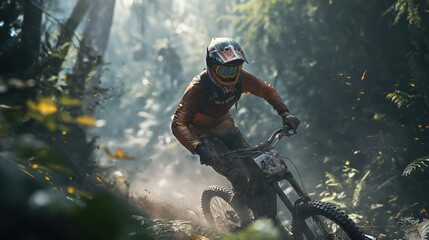 Bike racer in a helmet in the forest. Generative AI