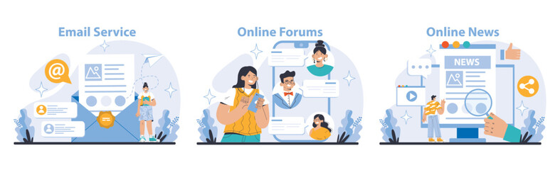 Communication and Social Media set. Email, forum discussions, and news updates. Secure data exchange, vibrant community interaction, and informed society. Flat vector illustration.