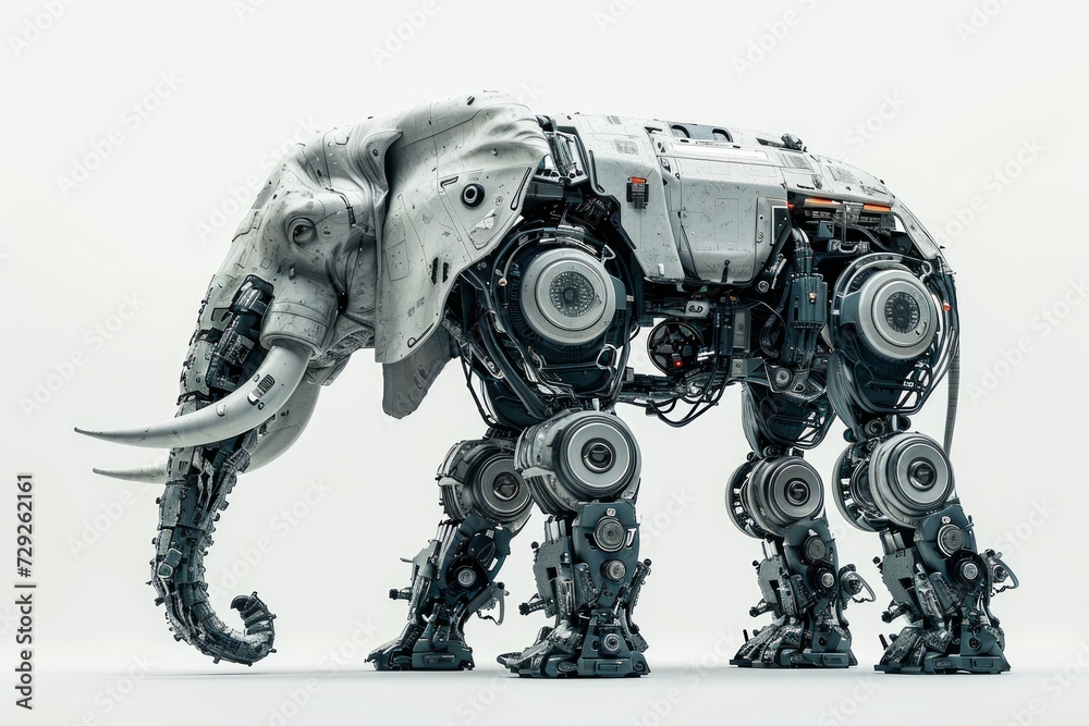 Poster photo concept of a robotically augmented elephant, featuring mechanical legs and cybernetic enhancem