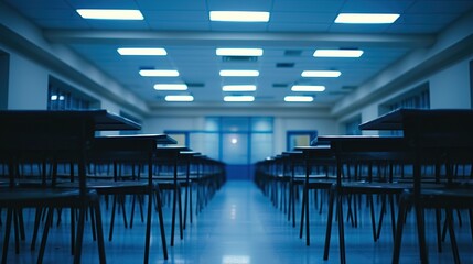 Empty classroom with rows of desks and fluorescent lights. Educational facility and study environment concept for design and print. Indoor shot with blue tones and perspective composition