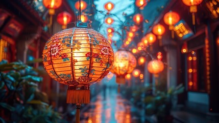 Chinese lanterns in traditional festival setting. Cultural celebration and decoration concept for design and print. Evening shot with ambient lighting