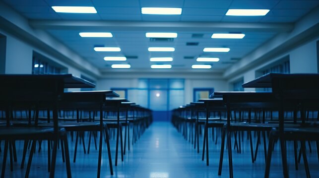 Empty classroom with rows of desks and fluorescent lights. Educational facility and study environment concept for design and print. Indoor shot with blue tones and perspective composition