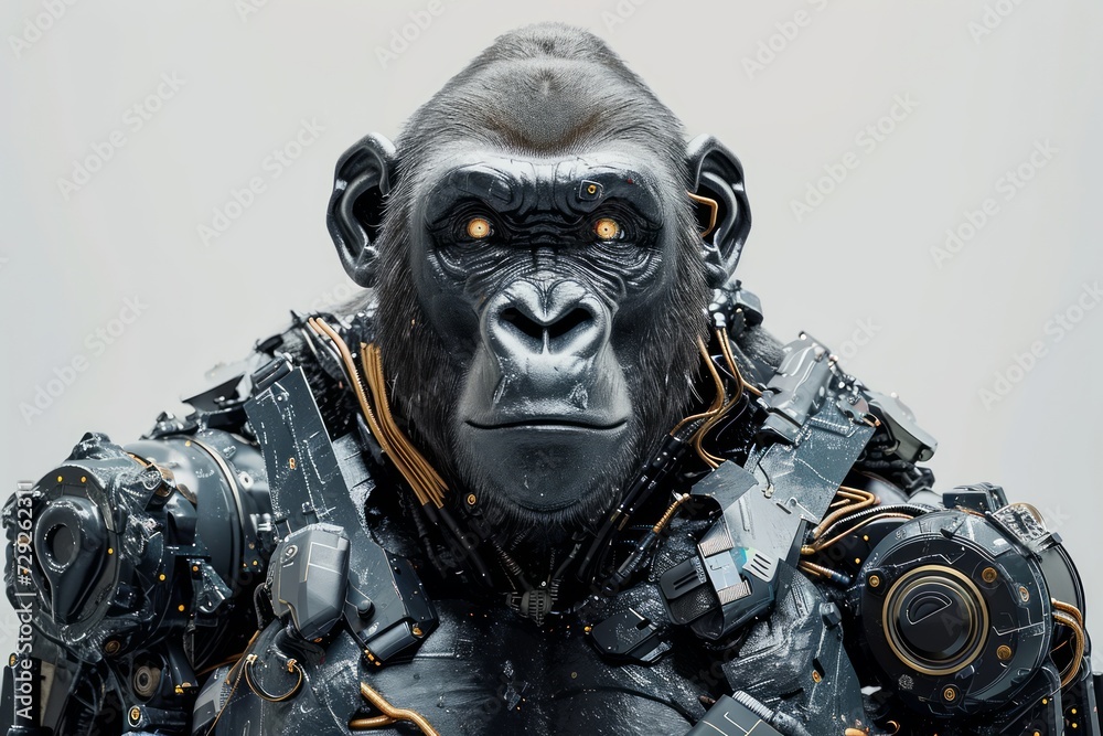 Poster Photo concept of a robotically modified gorilla, featuring mechanical arms and cybernetic enhancements, displayed against a clean white background Generative AI