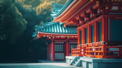 Fototapeta premium Traditional Japanese shrine architecture. Selective focus shot with bokeh of a vibrant red and blue temple. Cultural heritage and travel concept for design and print. Outdoor photography
