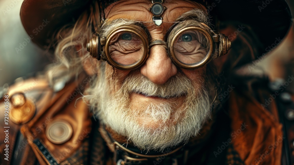 Poster Photo concept of an elderly post-apocalypse individual in steampunk attire, smiling and displaying resilience in a difficult world Generative AI