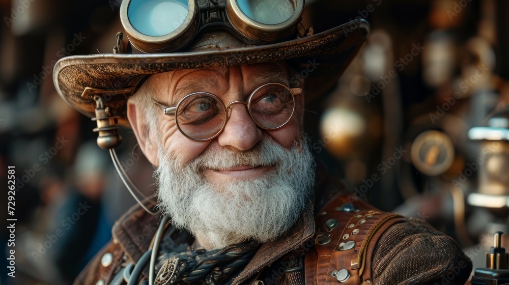 Aufkleber photo concept of an elderly post-apocalypse individual in steampunk attire, smiling and displaying r