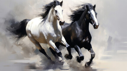 Obraz premium Two black&white beautiful horses plaing, very dynamic, oil paint.