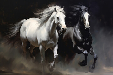 Obraz na płótnie Canvas Two black&white beautiful horses plaing, very dynamic, oil paint.