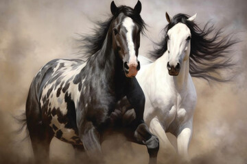 Two black&white beautiful horses plaing, very dynamic, oil paint. - obrazy, fototapety, plakaty