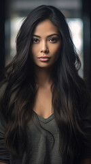 Fototapeta premium A beautiful girl modern mixed european asian, long black hair