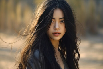 Naklejka premium A beautiful girl modern mixed european asian, long black hair