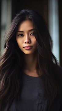 A beautiful girl modern mixed european asian, long black hair