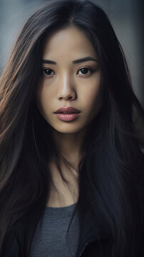 A beautiful girl modern mixed european asian, long black hair