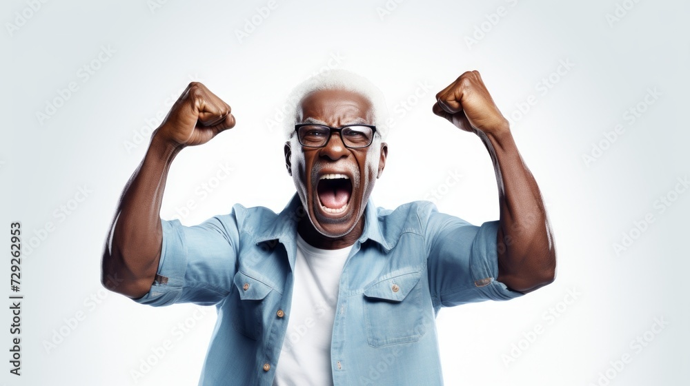Poster photo of ecstatic afro grandpa shout loud yeah fist up raise win lottery isolated white color backgr