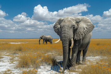 Elephants in etosha national park, namibia. - obrazy, fototapety, plakaty