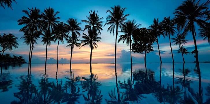 palm trees are silhouetted against the sun and water in this blue photo