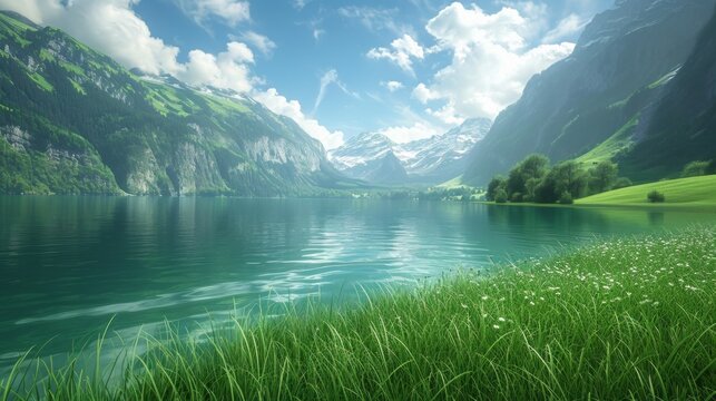 Picturesque Swiss lakeside with flourishing green meadows meeting the water's edge, featuring detailed and realistic images of vibrant grass and serene mountainous views, Generative AI