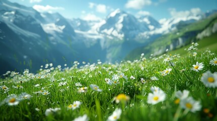 Picturesque Swiss mountain range with detailed macro images of verdant pastures and close-ups of lush green grass, offering a captivating view of the alpine flora Generative AI - obrazy, fototapety, plakaty