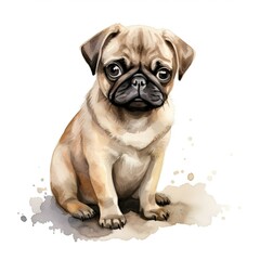 Obraz premium Pug. Realistic watercolor dog illustration. Funny doggy drawing template. Art for card, poster and other. Illustration of dog on white background