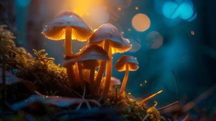mushroom in the forest with lights
 - obrazy, fototapety, plakaty