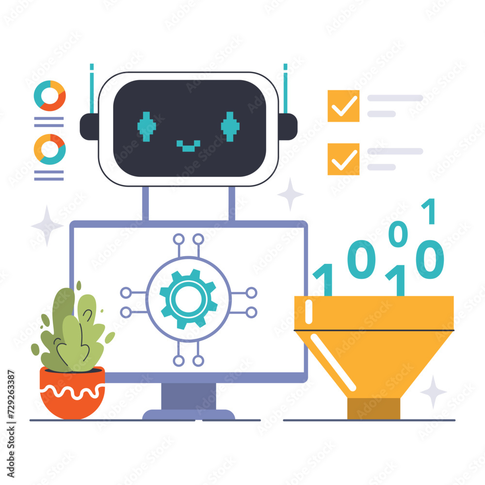 Poster chat bot user integration concept. digital assistant set on computer, processing user data with mach