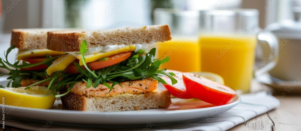 Canvas Prints Healthy and simple breakfast ideas include a fish sandwich with tartare sauce, lemon, arugula, fresh greens, and orange juice.