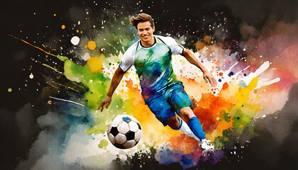 watercolor soccer player with soccer ball, art design