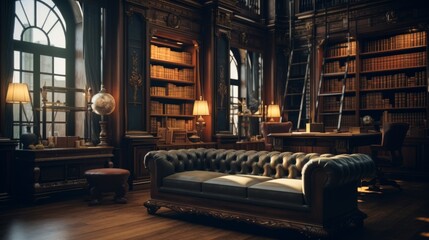 Prestigious library room filled with rare books and comfortable reading nooks. Generative AI - obrazy, fototapety, plakaty