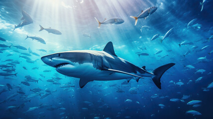 Obraz na płótnie Canvas shark underwater near school of fish