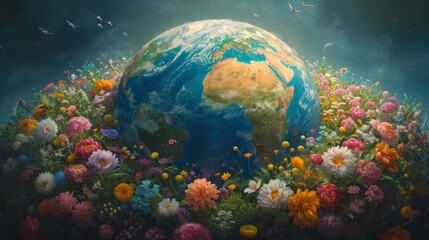 Obraz na płótnie Canvas Realistic depiction of Earth with continents blossoming into vivid floral patterns, each continent exhibiting an array of flowers, showcasing the planet's natural beauty and floral diversity from an a